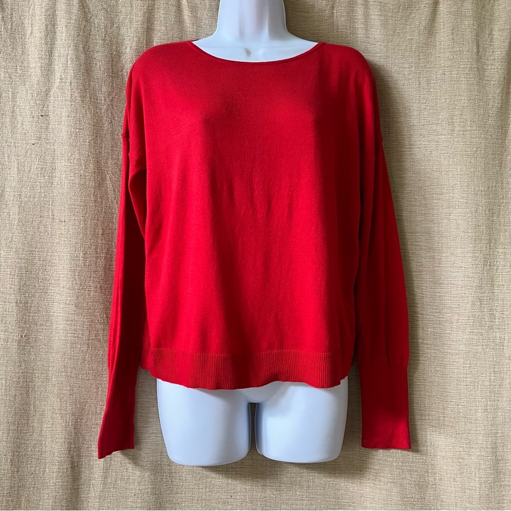 Loft back button long sleeved cotton rayon nylon jewel neck sweater S red